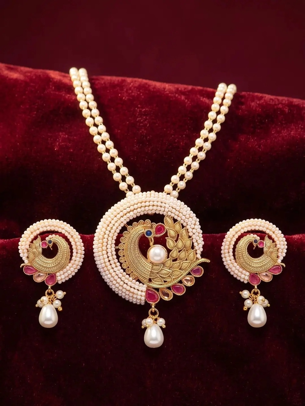 Pearl peacock necklace earrings set Pink Gold synthetic sapphire 24k yellow gold